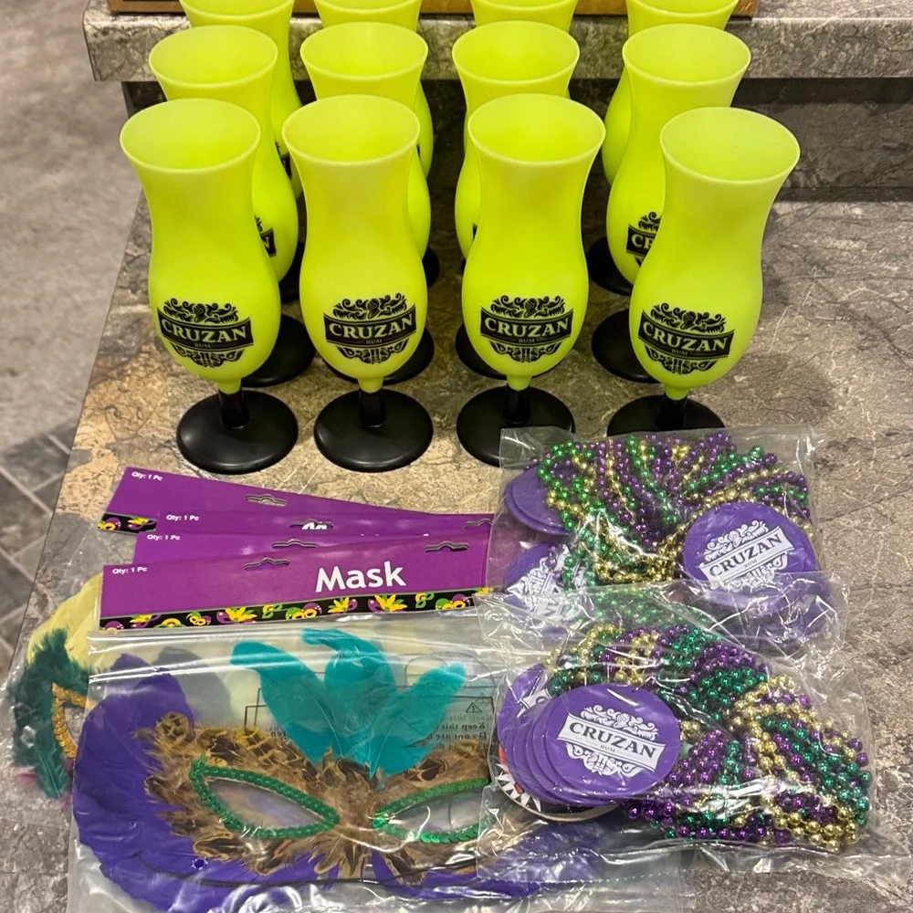 Mardi Gras Party for 12!  Cruzan rum hurricane glasses, beads and masks